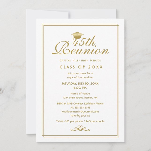 Elégant White Gold 45e Classe Reunion Invitation (Devant)
