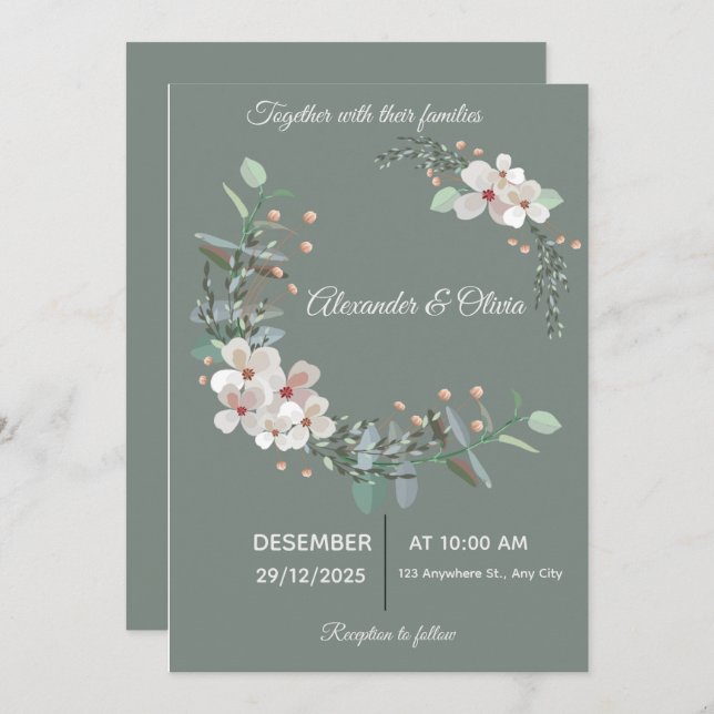 Elegant White & Green Wedding Invitation (Devant / Derrière)