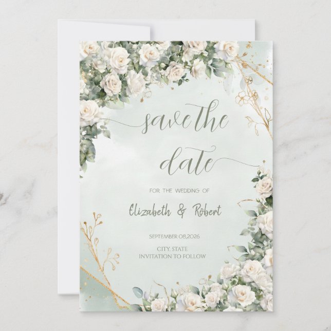 Elegant White Roses Wedding Save The Date (Devant)