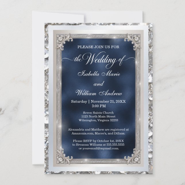 Elegant White Silver Sequin Wedding Invitation (Devant)