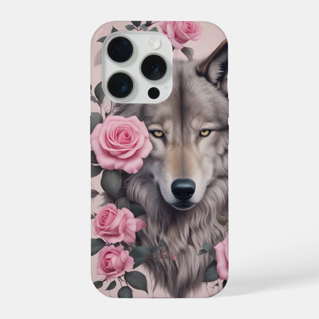 Elégant Wolf et Rose iPhone 15 Pro Coque (Verso)