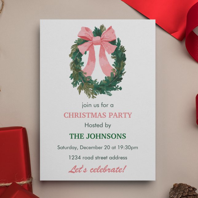 Elegant Wreath & Bow Christmas Party Invitation  (Créateur téléchargé)