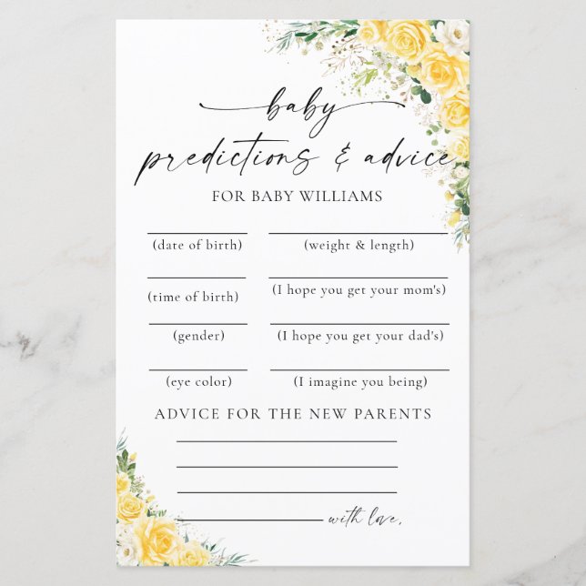 Elegant Yellow Baby Shower Predictions Card (Devant)