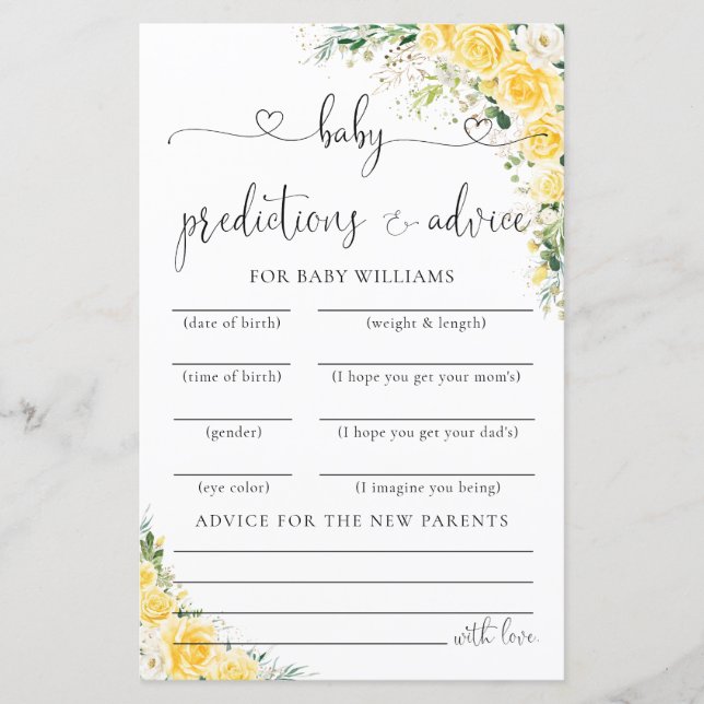 Elegant Yellow Baby Shower Predictions Card  (Devant)