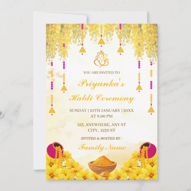 Elegant Yellow Floral Haldi Ceremony Invitation (Devant)