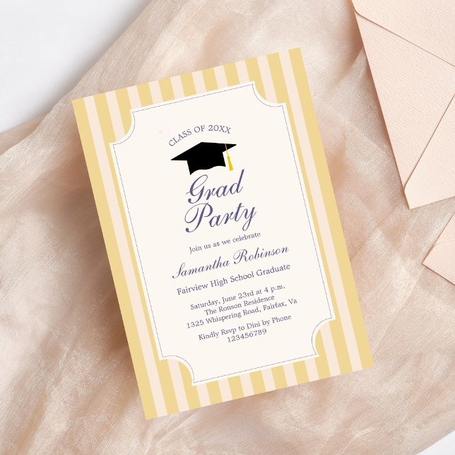 Élégant Yellow Stripes Graduation Party Invitation (Créateur téléchargé)