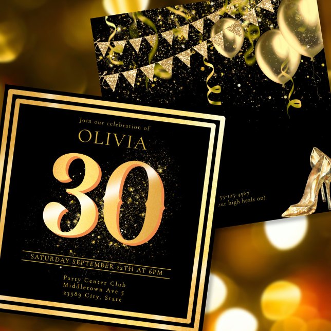 Elégante 30ème Gold Black Anniversaire Invitation (Créateur téléchargé)