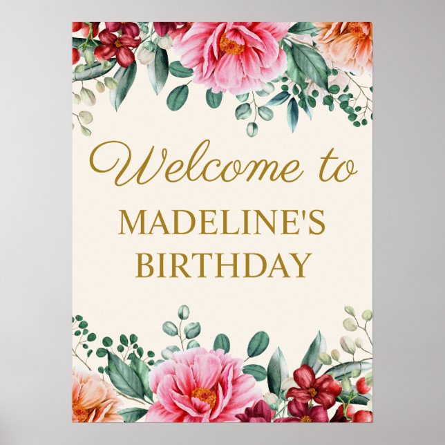 Elégante affiche de bienvenue d'anniversaire fleur (Devant)