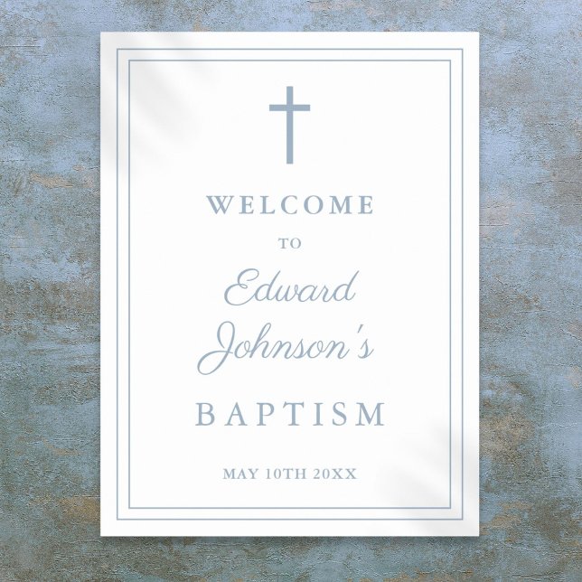 Élégante Affiche de bienvenue de Baptême de la fro (Elegant Dusty Blue Border Baptism Welcome Sign)