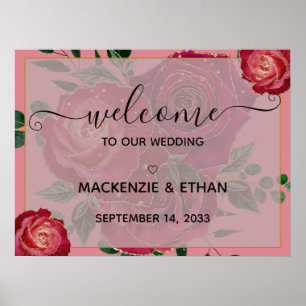 Élégante Affiche de bienvenue Mariage de Roses rou