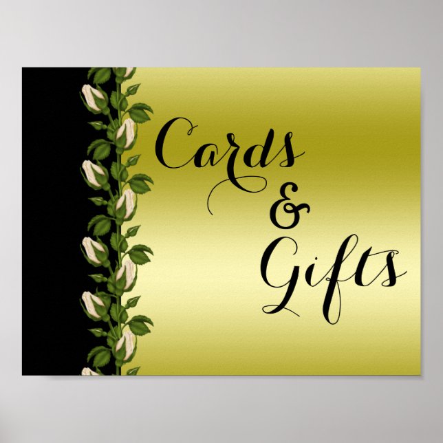 Élégante affiche de mariage florale chic or et noi (Devant)
