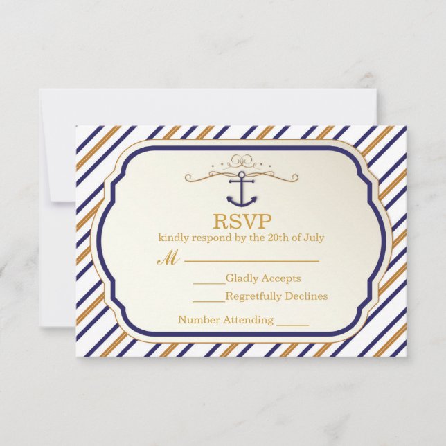 Elégante Ancre nautique Gold Blue blanc carte RSVP (Devant)