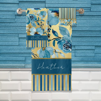 Elégante aquarelle bleu et or Floral strié