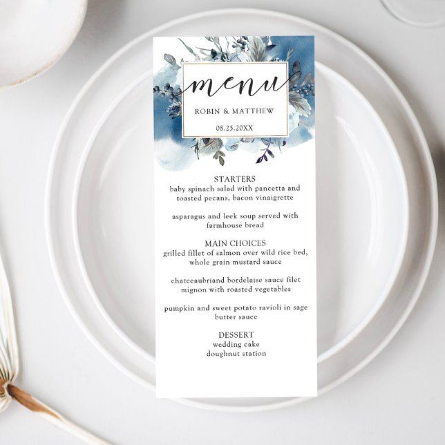 Elégante aquarelle bleue et florale, menu Mariage (Créateur téléchargé)