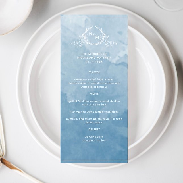 Elégante aquarelle bleue, menu Mariage Monogram (Créateur téléchargé)