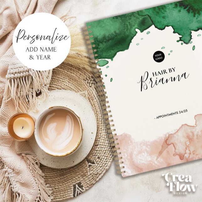 Elégante aquarelle Business Meeting Booking (Elegant Business appointment book with Green and Blush pink watercolor front and back cover)