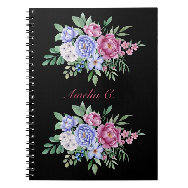 Elégante aquarelle Floral Bouquet Carnet noir (Devant)