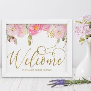 Elégante aquarelle Floral rose or Affiche de bienv