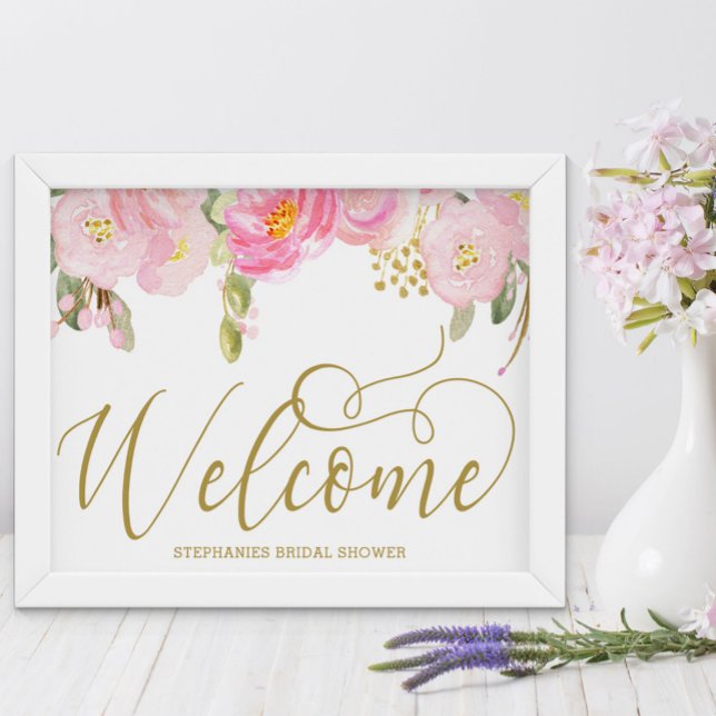 Elégante aquarelle Floral rose or Affiche de bienv (Welcome Sign from my Pink and Gold Watercolor Floral Collection)