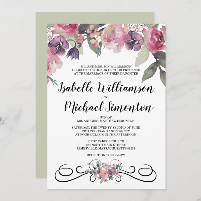 Elégante aquarelle Floral Wedding Invitations (Devant / Derrière)