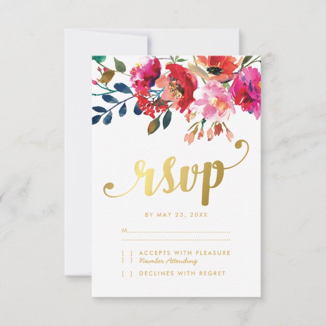 Elégante aquarelle florale Blanc mariage or RSVP (Devant)