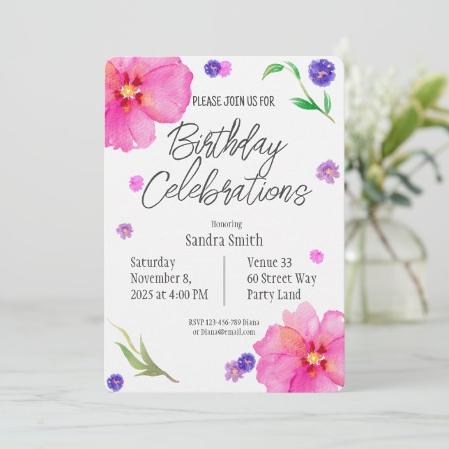 Elégante aquarelle Florale Invitation d'anniversai (Debout devant)