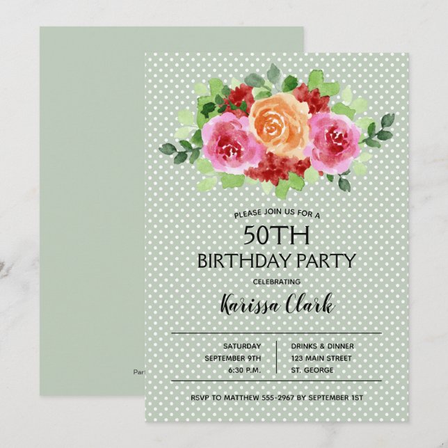 Elégante aquarelle florale Invitations d'anniversa (Devant / Derrière)