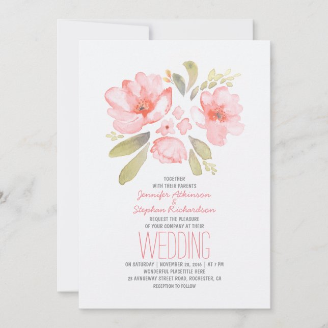Elégante aquarelle florale Invitations de mariage (Devant)