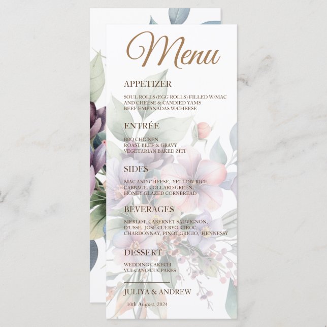 Elégante aquarelle florale Mariage carte menu (Devant / Derrière)