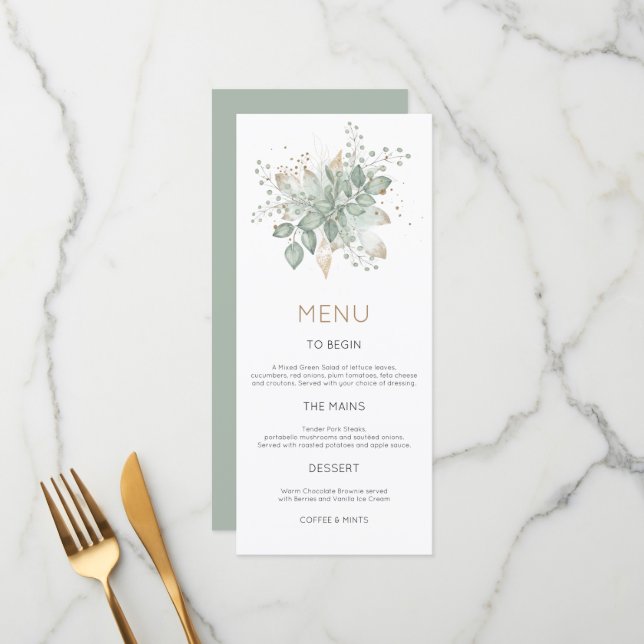 Elégante aquarelle Foliage Gold Sage Menu Mariage (Devant/Arrière en situation)