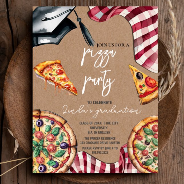 Elégante aquarelle Graduation Pizza Invitation (Elegant Watercolor Graduation Pizza Invitation #craftpaper #zazzlemade #kraftpaper #watercolorpizza)