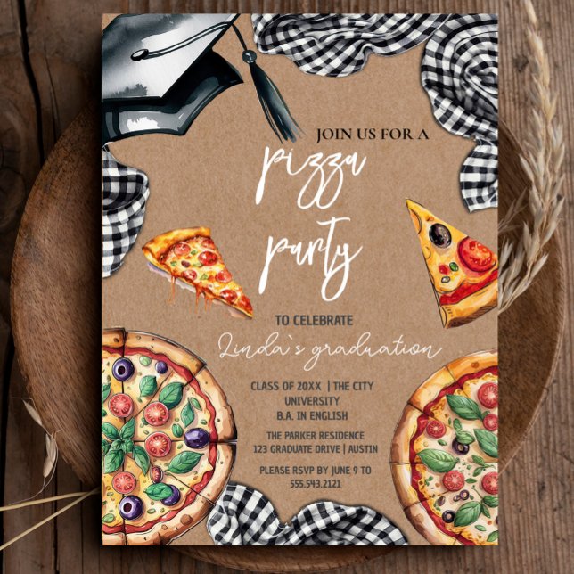 Elégante aquarelle Graduation Pizza Invitation (Elegant Watercolor Graduation Pizza Invitation #zazzlemade #rusticgraduation #craftpaper #pizzaparty)