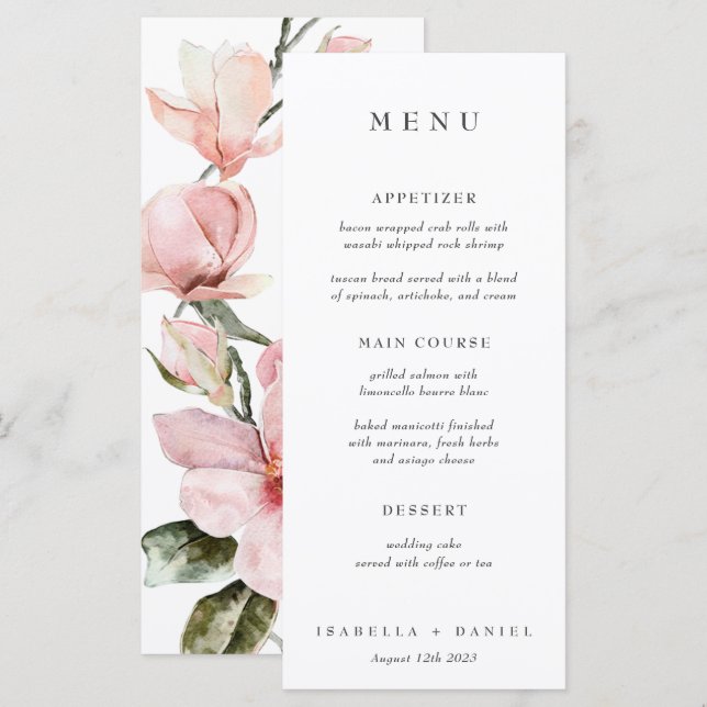 Elégante aquarelle Magnolia Botanical Mariage Menu (Devant / Derrière)