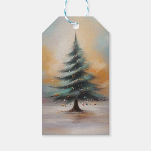 Élégante aquarelle Noël arbre cadeau étiquette (Devant)
