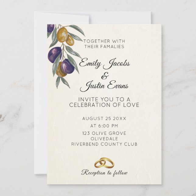 Elégante aquarelle Olive Mariage Photo Invitation (Devant)