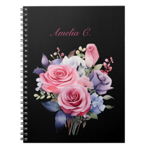 Elégante aquarelle Rose Bouquet Carnet noir