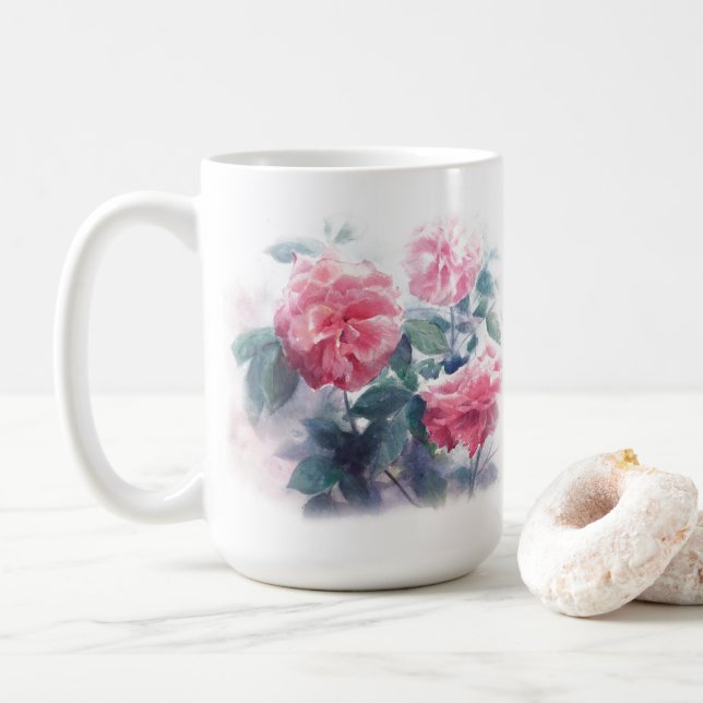 Elégante aquarelle rose rose peinture café Mug (Avec donut)