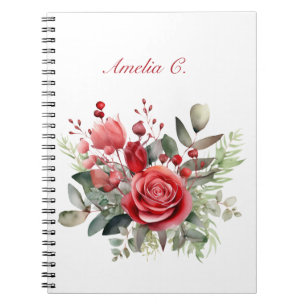 Elégante aquarelle Rouge Rose Bouquet Carnet blanc