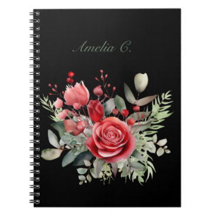 Elégante aquarelle Rouge Rose Bouquet Carnet noir