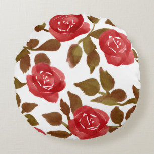 Elégante aquarelle Rouge Rose Bouquet Coussin rond