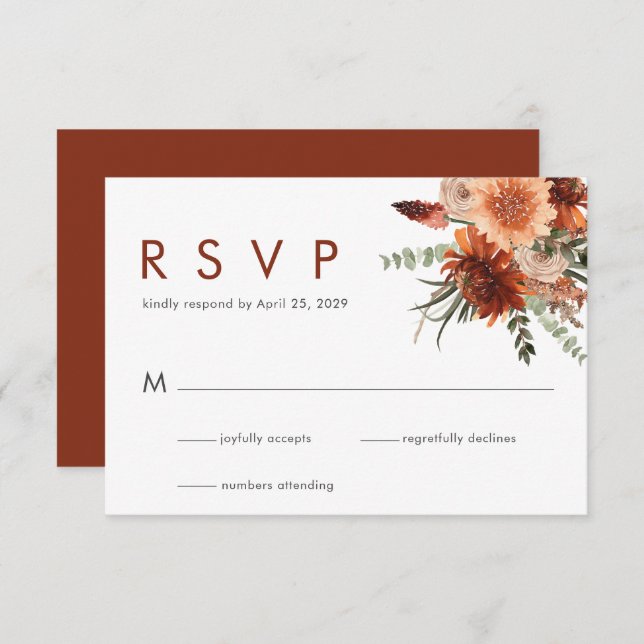 Elégante aquarelle rouille Mariage floral RSVP (Devant / Derrière)