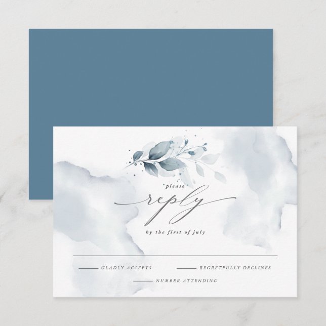 Elégante aquarelle RSVP Foliage Dusty Blue (Devant / Derrière)