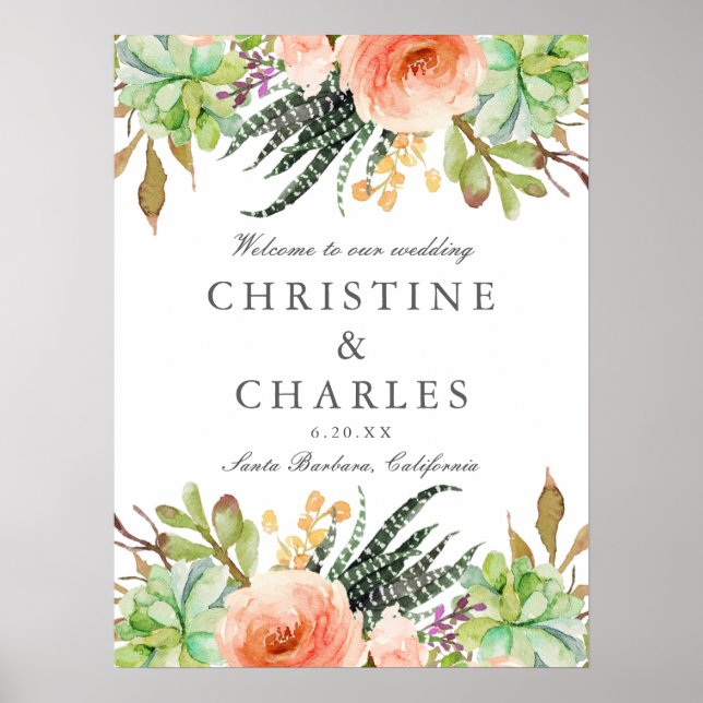 Elégante aquarelle Succulent Mariage Affiche de bi (Devant)