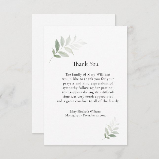 Elégante aquarelle verdure Carte de remerciements  (Devant / Derrière)