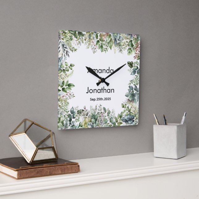 Elégante aquarelle Verdure Mariage Horloge murale (Bureau)