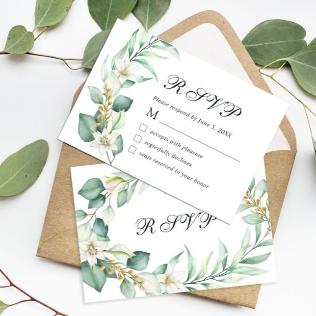 Elégante aquarelle vert Eucalyptus carte RSVP (Créateur téléchargé)