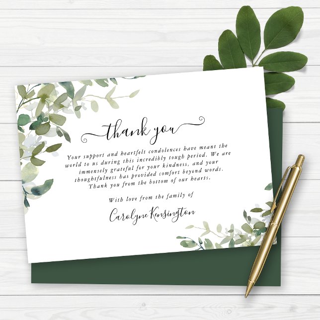 Elégante aquarelle verte Sympathie Merci (Elegant Watercolor Greenery Sympathy Thank You Card)