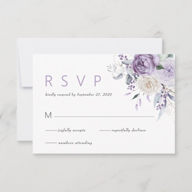 Elégante aquarelle violet mariage floral RSVP (Devant)