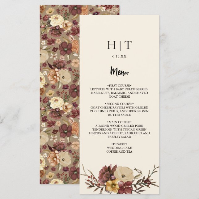 Elégante Automne Automne Floral Mariage Carte Menu (Devant / Derrière)