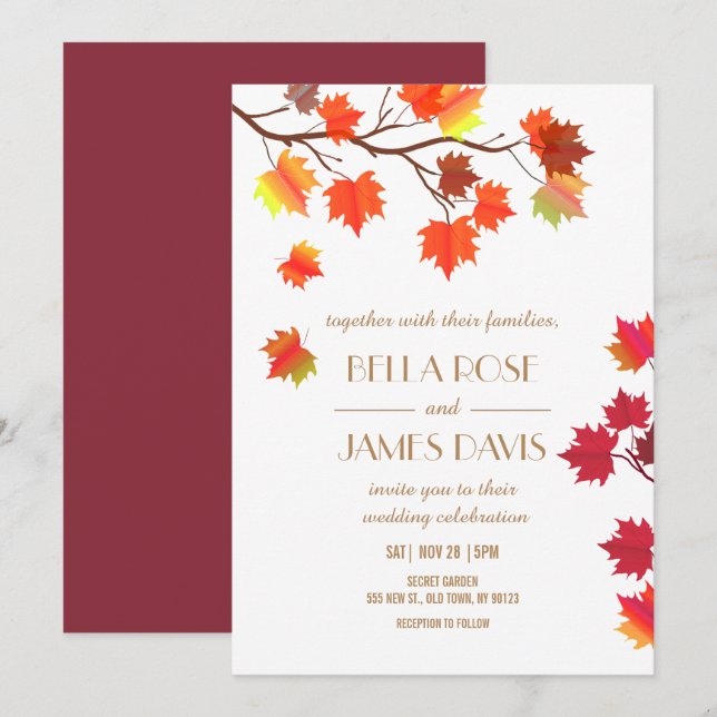 Elégante Automne Bourgogne Invitations de mariage (Devant / Derrière)